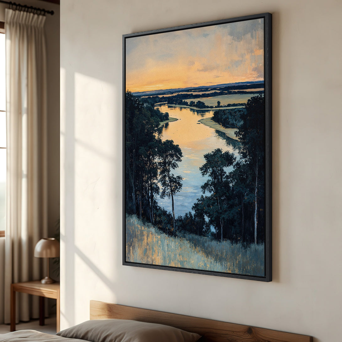 Framed Wall Art: Landscape Canvas Print with river scene in a warm, sunset color palette. Perfect for adding a touch of nature to your home decor.