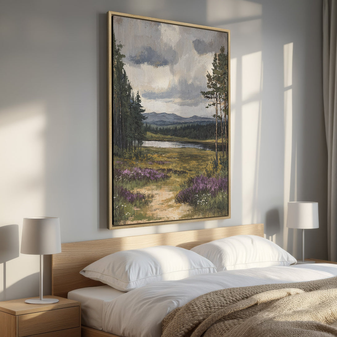 Framed Wall Art: Landscape painting in neutral tones with a serene forest and lake scene. Perfect for adding a touch of nature to your bedroom decor.