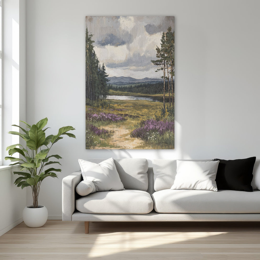 Framed Wall Art: Landscape painting with a muted color palette, featuring a serene lake scene. Perfect for adding a touch of nature-inspired elegance to your home decor.