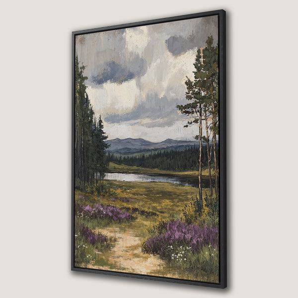 Framed Wall Art: Landscape Canvas Print featuring a serene lake scene with trees and purple flowers, in a muted, earthy color palette.