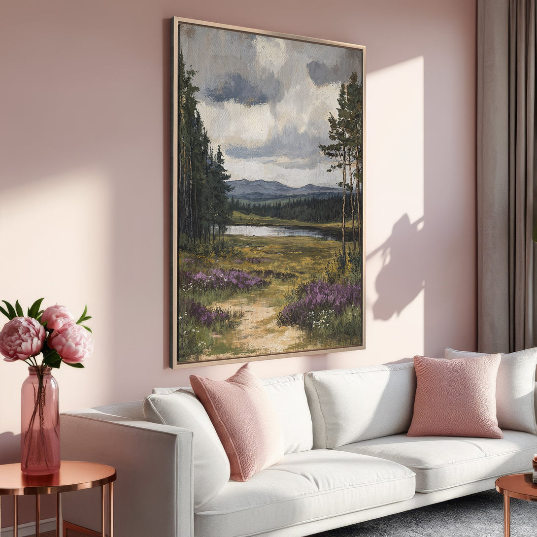 Framed Wall Art: Landscape painting in muted tones of green, gray, and pink. Adds a touch of elegance to any living room. Shop now!