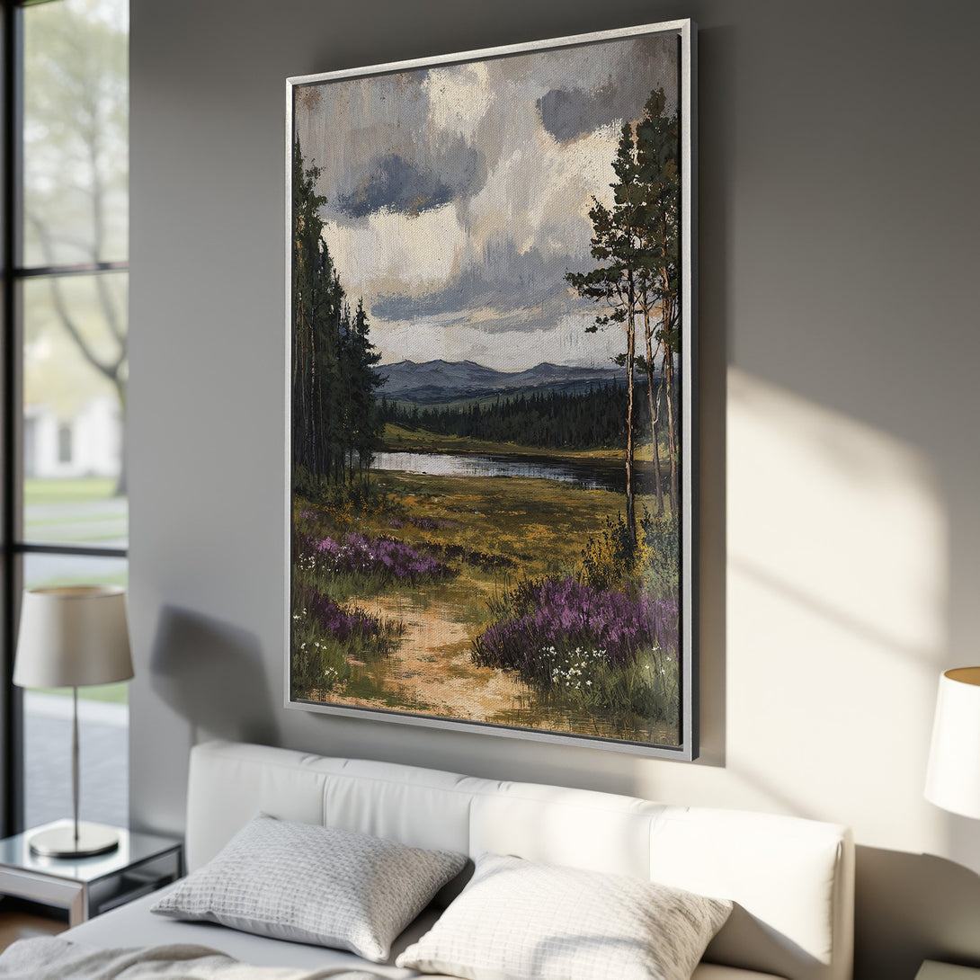 Framed Wall Art: Landscape painting in muted earth tones, featuring a serene lake scene. Enhance your space with this elegant canvas print!