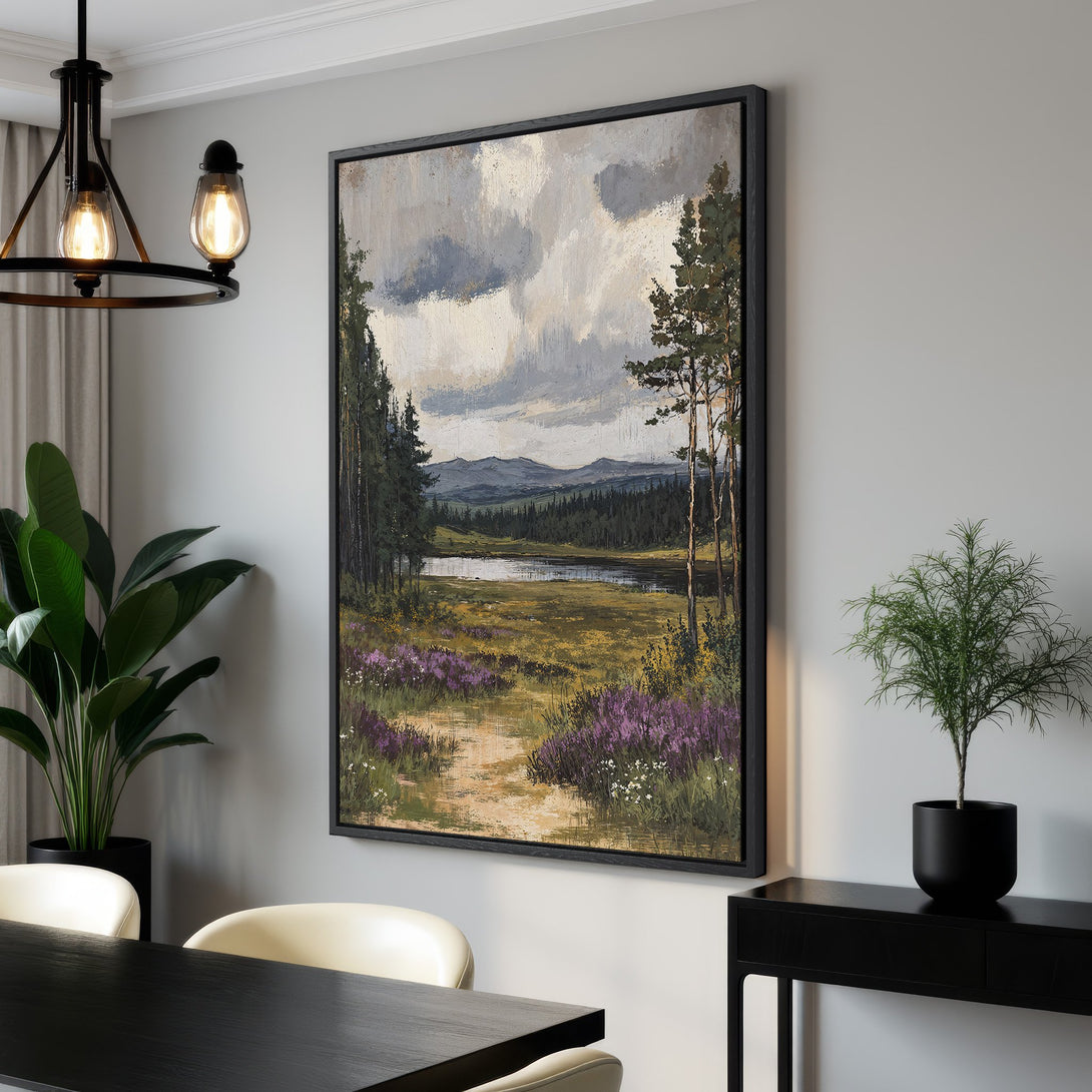 Framed Wall Art: Landscape Canvas Print with muted green, purple, and gray tones. Rustic art style adds a touch of nature to any room. Shop now!