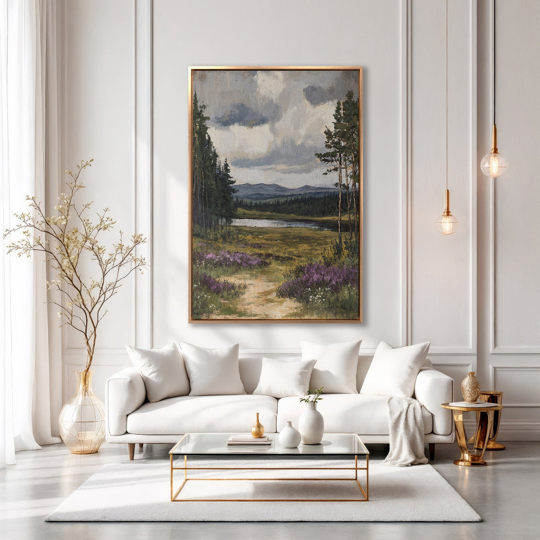 Framed Wall Art: Landscape painting in a gold frame, featuring a serene forest scene with grey, green, and purple hues, perfect for elegant home decor.