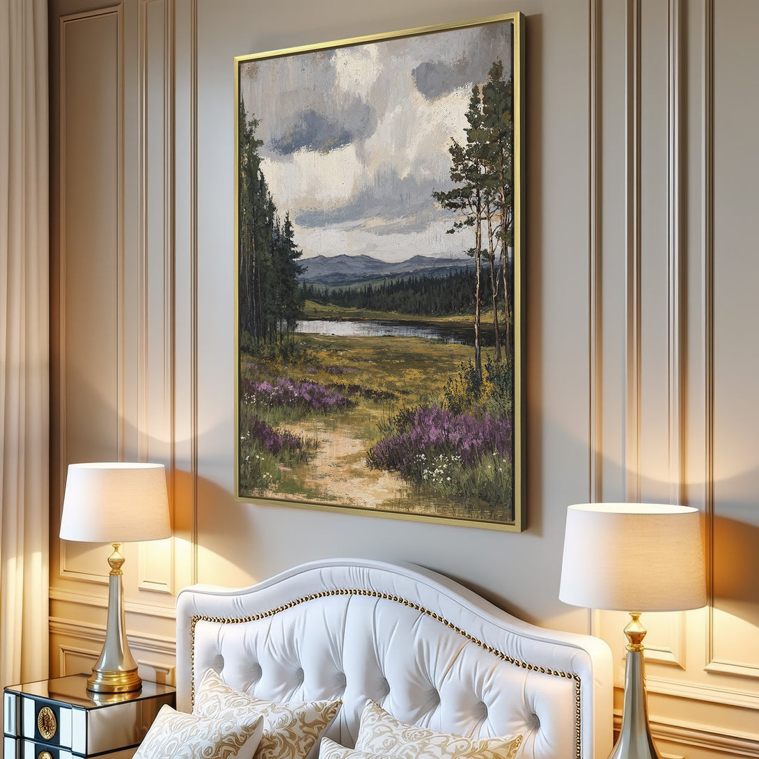 Canvas Print of a serene landscape painting in muted green, gray, and purple tones. Rustic style wall art for a cozy interior.
