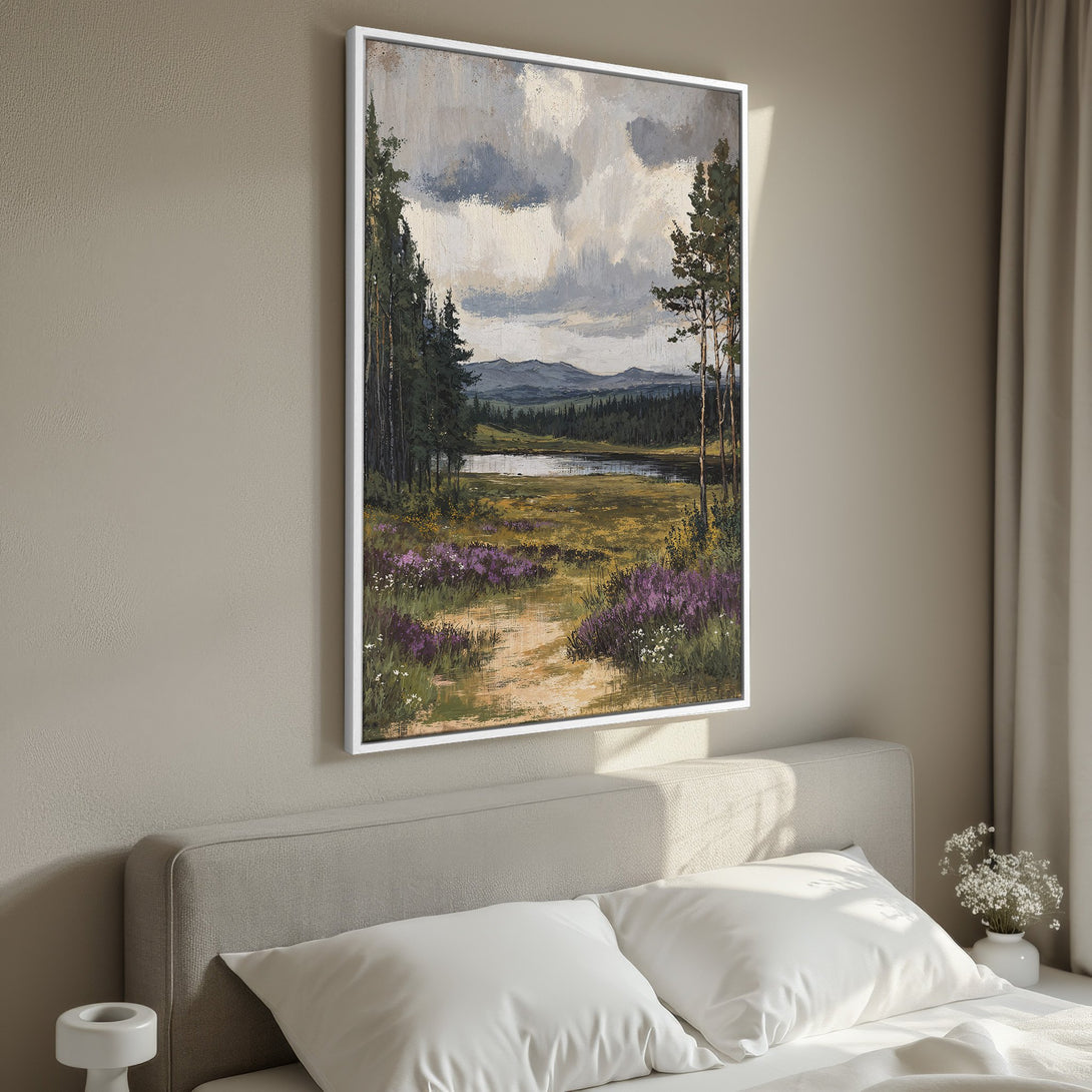 Framed Wall Art: Landscape Canvas Print featuring a serene forest scene in muted greens, blues, and purples, perfect for adding a touch of nature to your home.