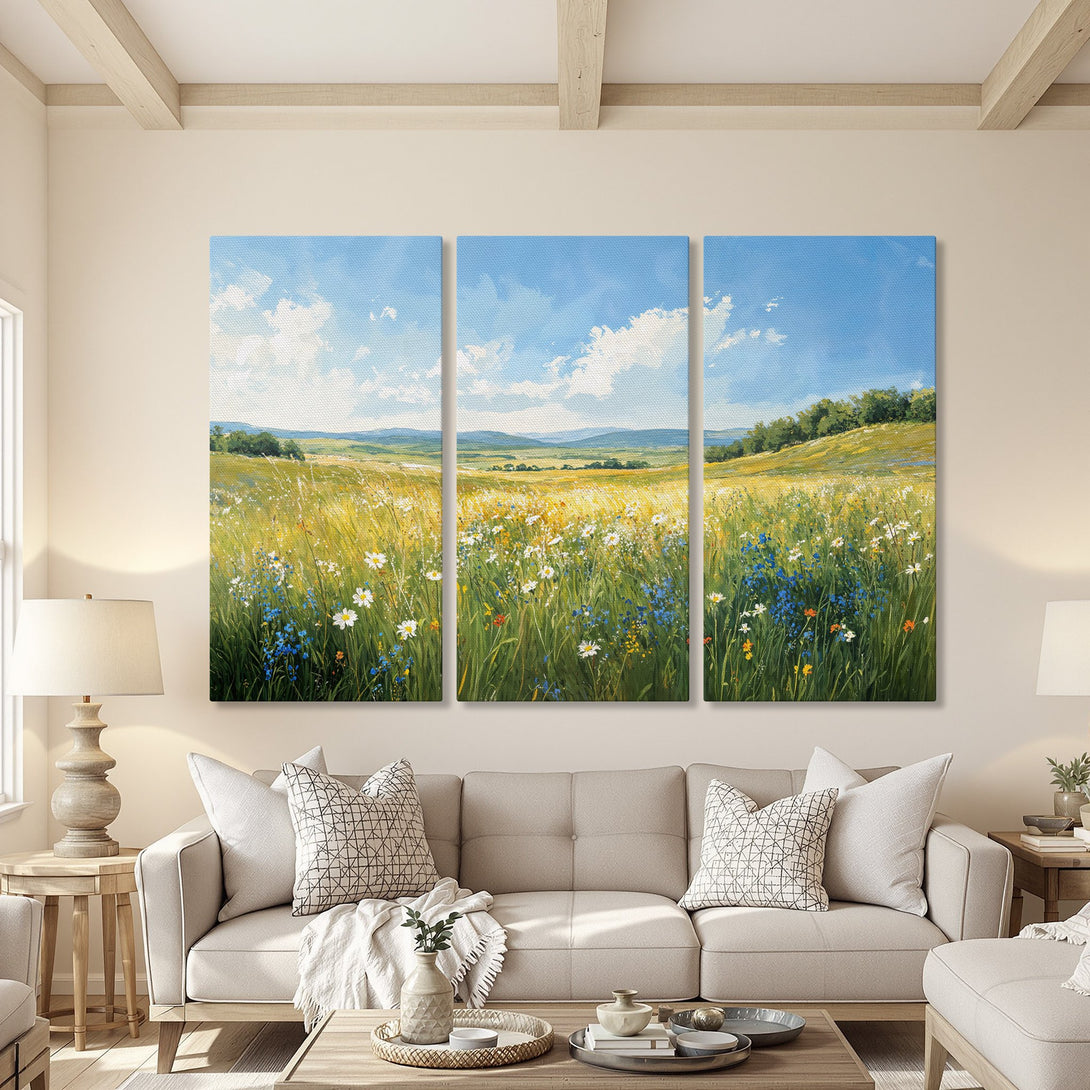 Canvas Print of a serene landscape painting with a vibrant color palette. Features a field of wildflowers under a blue sky, perfect for home decor.