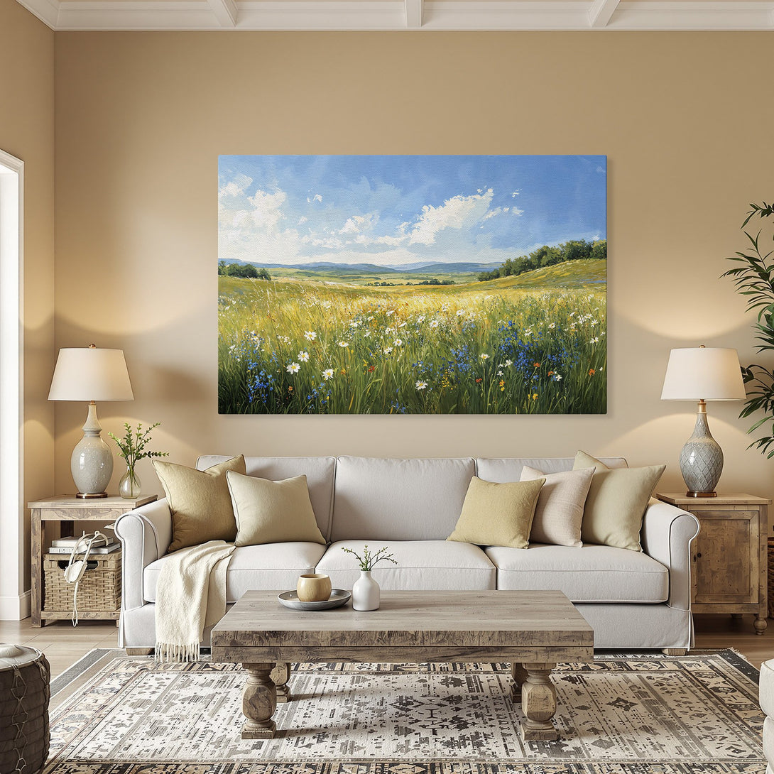 Framed Wall Art: Serene landscape Canvas Print with vibrant wildflowers in a sunny field. Earthy tones with pops of blue and white. Perfect home decor.