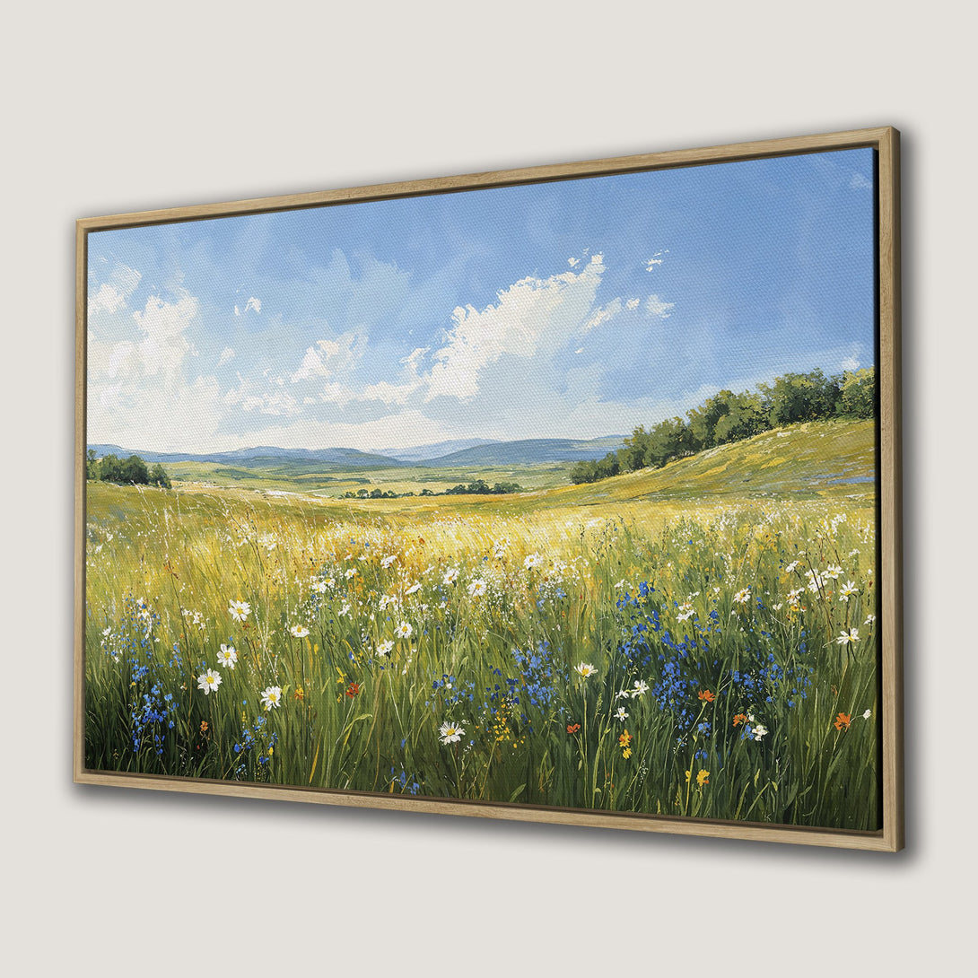 Framed Wall Art: Impressionist landscape Canvas Print with wildflowers, green, yellow, blue, and white hues. Bring nature indoors!