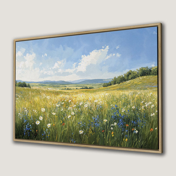Framed Wall Art: Impressionist landscape Canvas Print with wildflowers, green, yellow, blue, and white hues. Bring nature indoors!