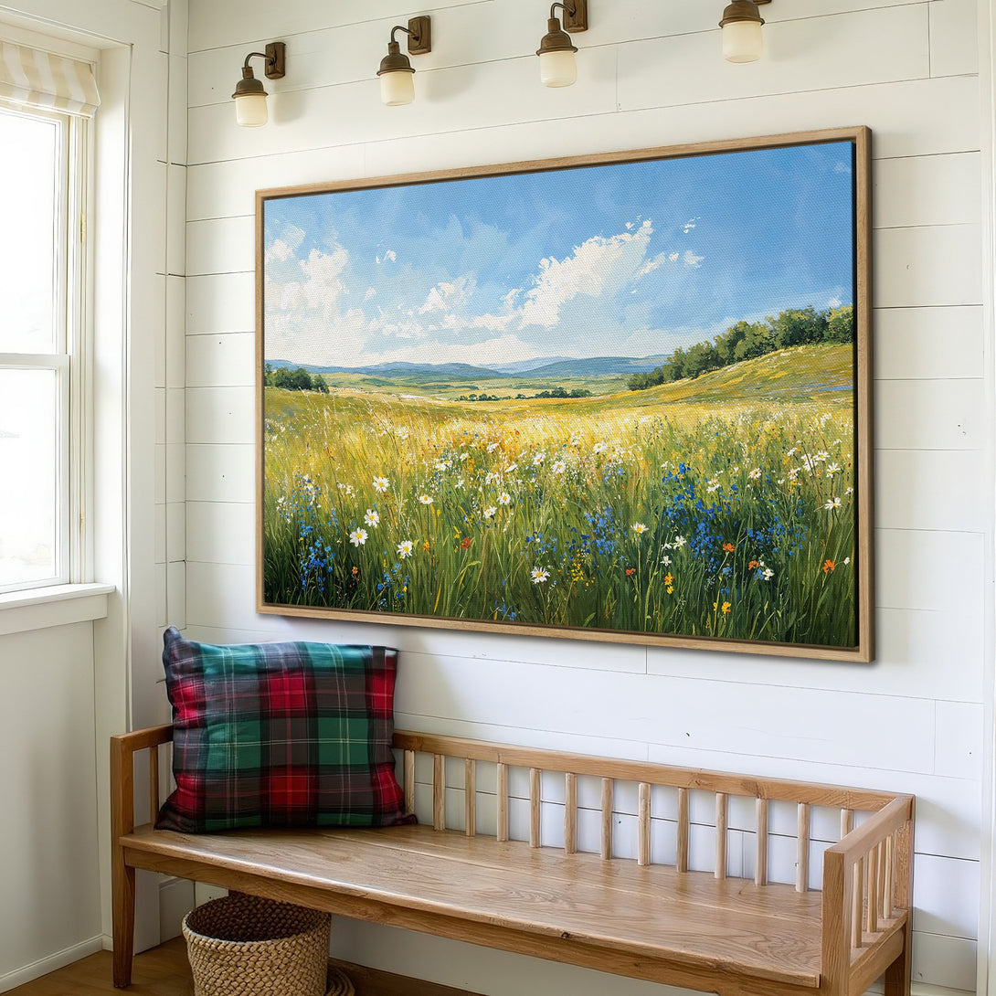 Framed Wall Art: Landscape Canvas Print with a meadow scene in a rustic style, featuring a blue, green, and yellow color palette. Perfect for any home.