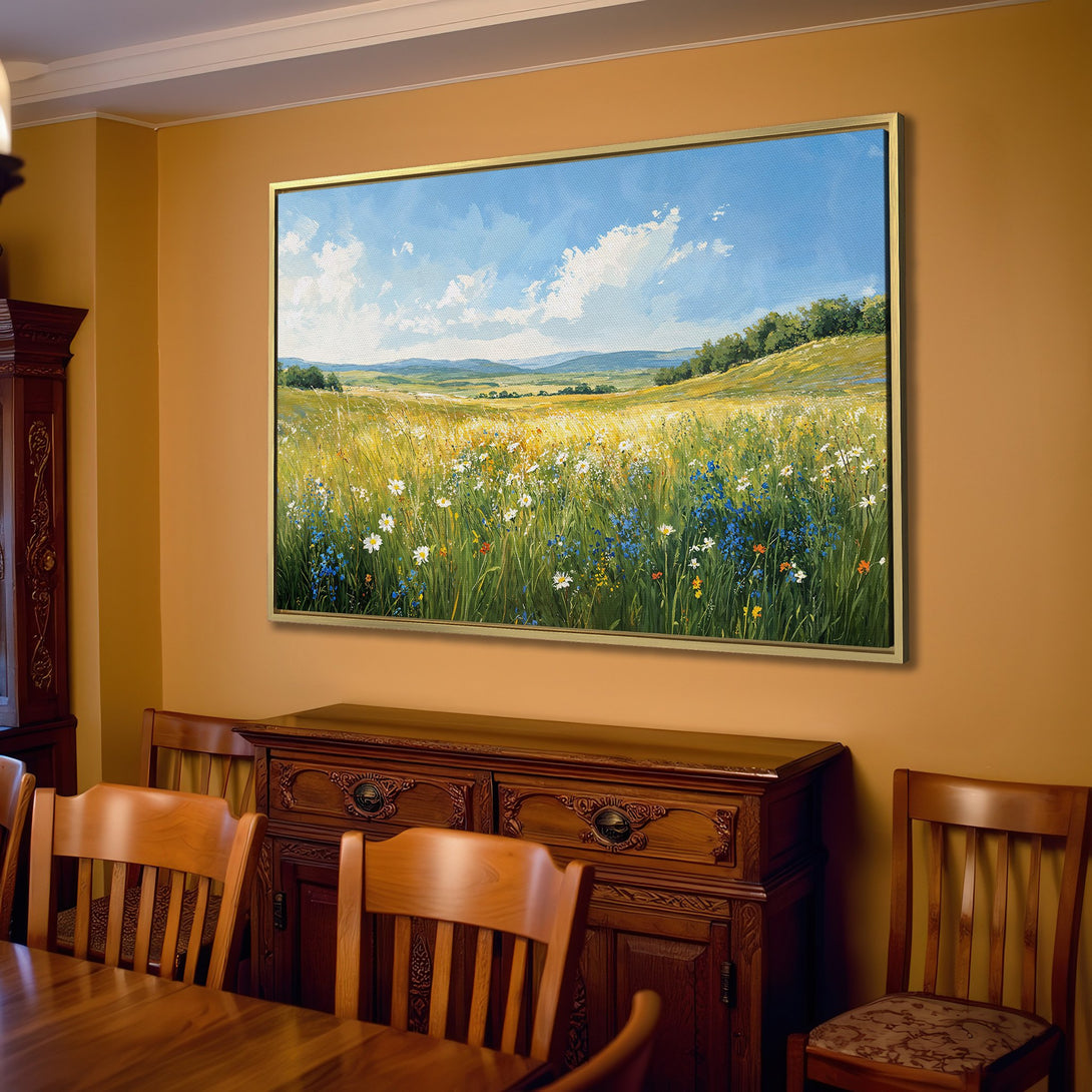Canvas Print of a serene landscape painting in a living room. Featuring a field of wildflowers in a blue, green, and yellow color palette.