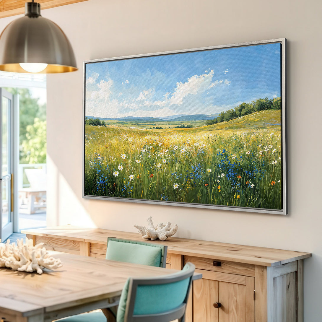 Framed Wall Art: Impressionist landscape Canvas Print with vibrant wildflowers and a serene blue sky. Adds a touch of nature's beauty to any room.