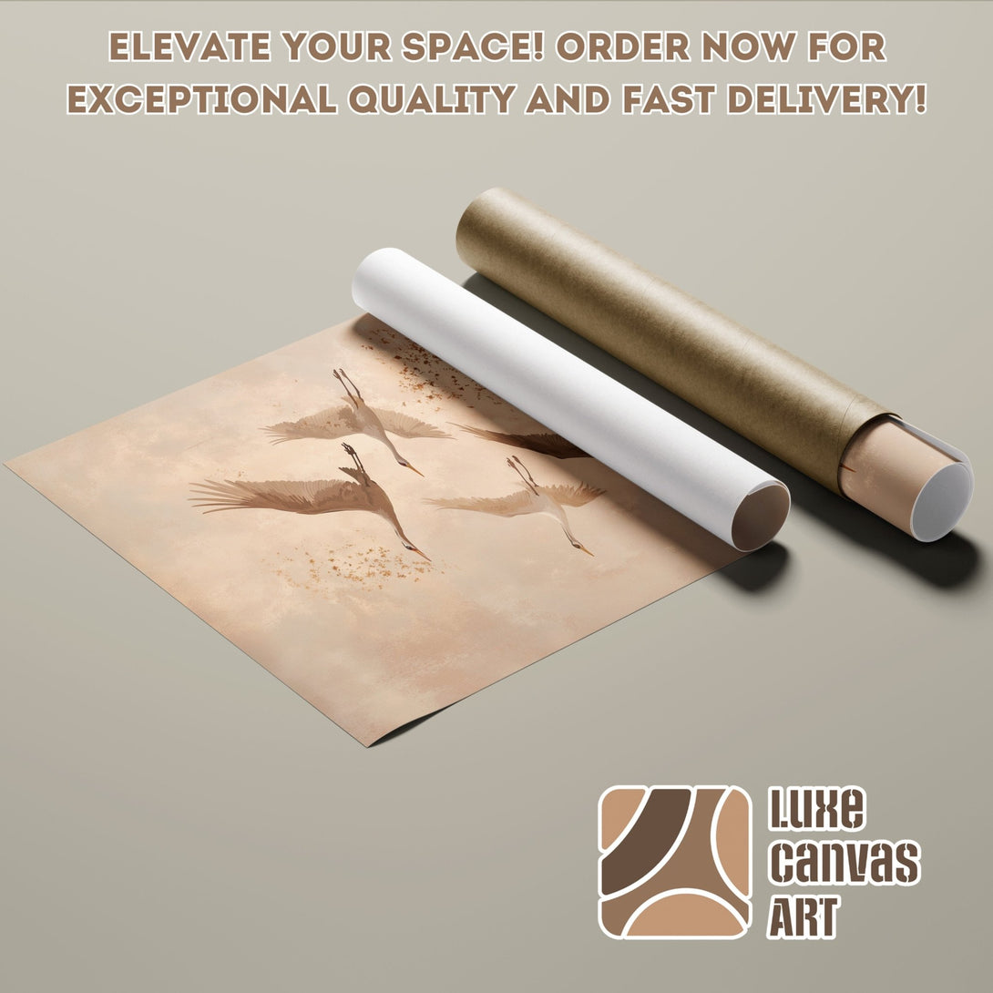 Poster Roll featuring cranes in a neutral color palette. Elevate your space with this beautiful art print!