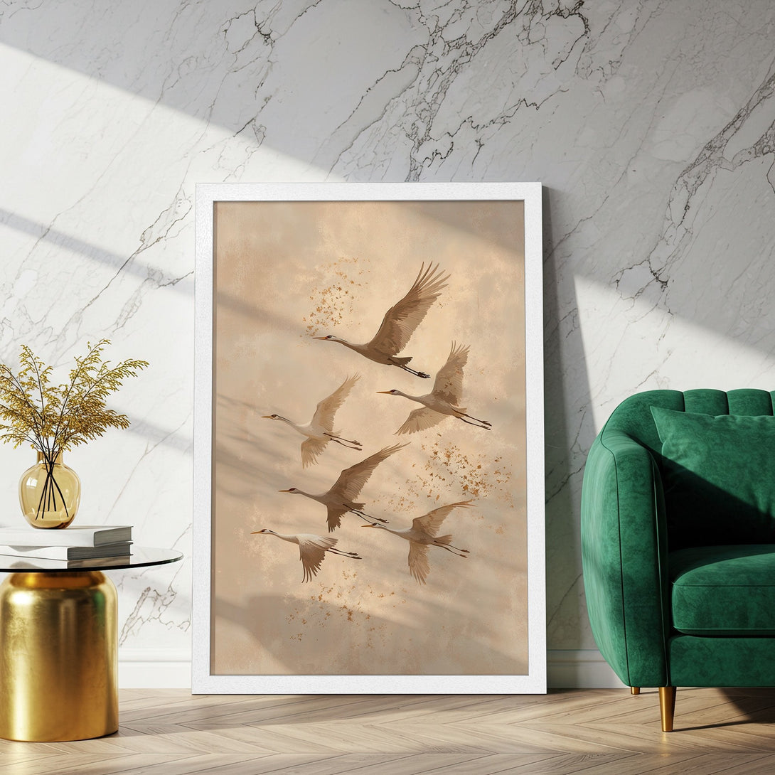 Framed Poster featuring flying birds in a warm, neutral color palette. Perfect for adding a touch of nature and elegance to your space.