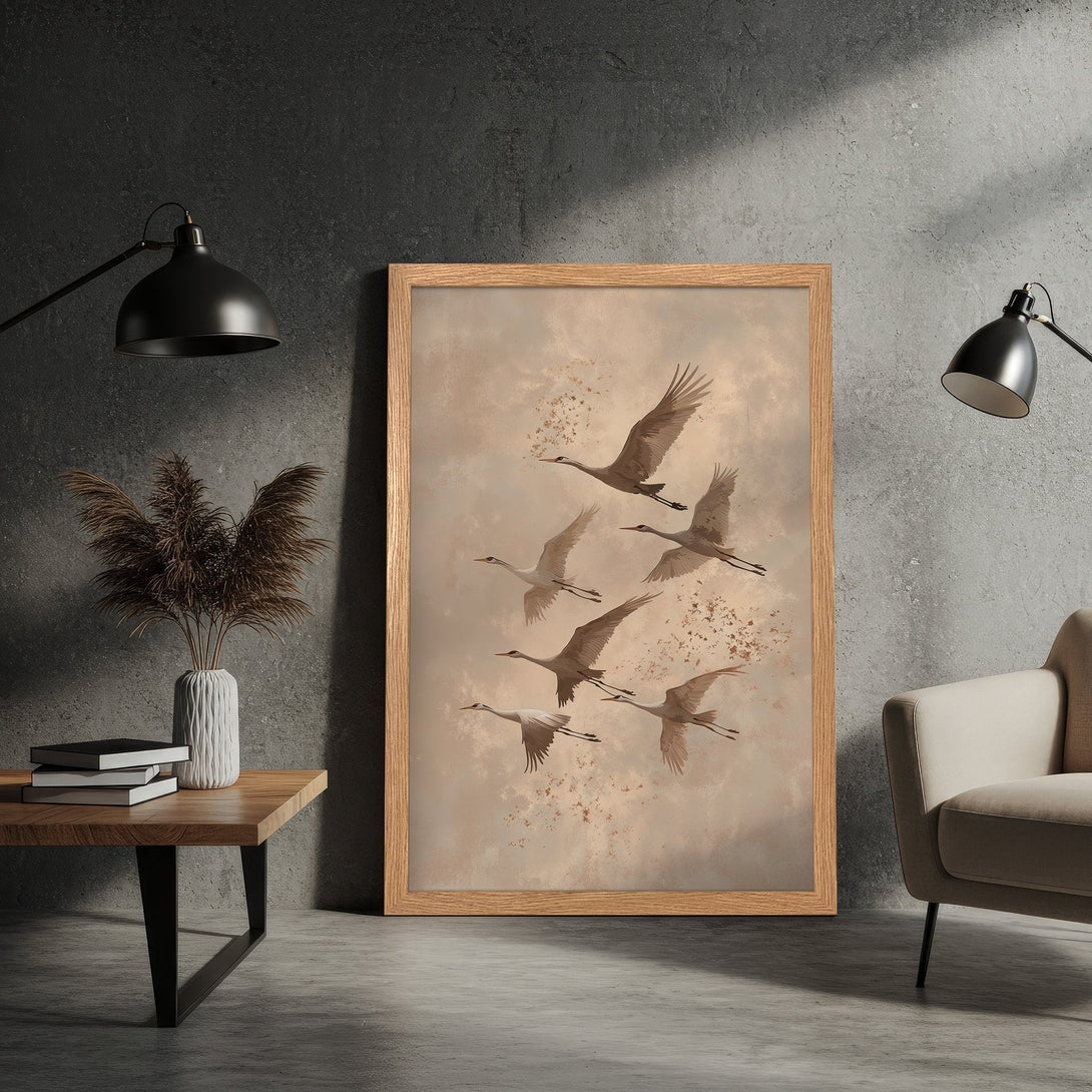 Framed Poster featuring flying cranes in a vintage style with a neutral, beige color palette. Perfect wall art for a calming aesthetic.