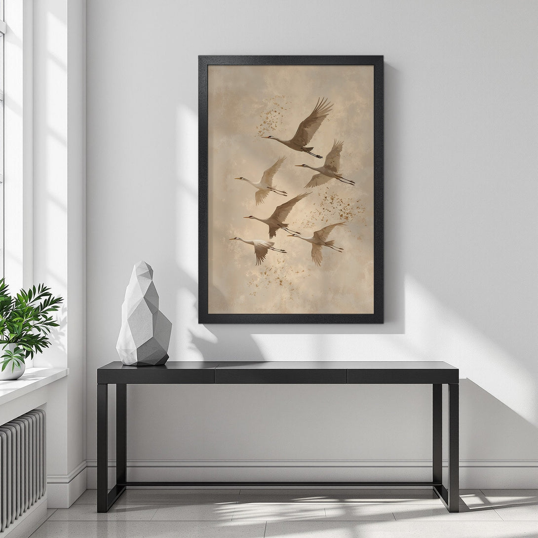 Framed Poster featuring elegant cranes in flight, neutral tones. Perfect art for modern home decor.