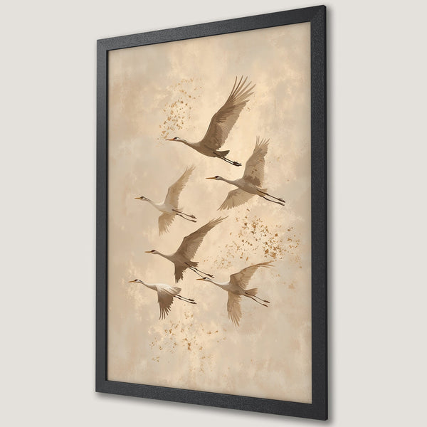 Framed Poster featuring a flock of cranes in flight, soft neutral tones, and a vintage style. Perfect wall art!