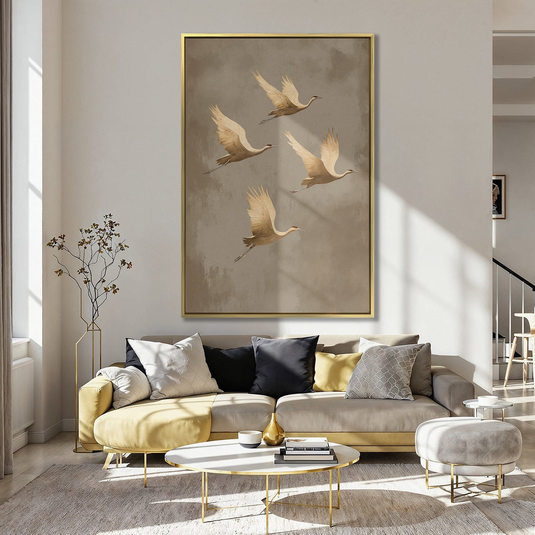 Canvas Print of flying cranes in a neutral palette, displayed in a cozy kitchen. Perfect for adding a touch of nature and elegance to your space.