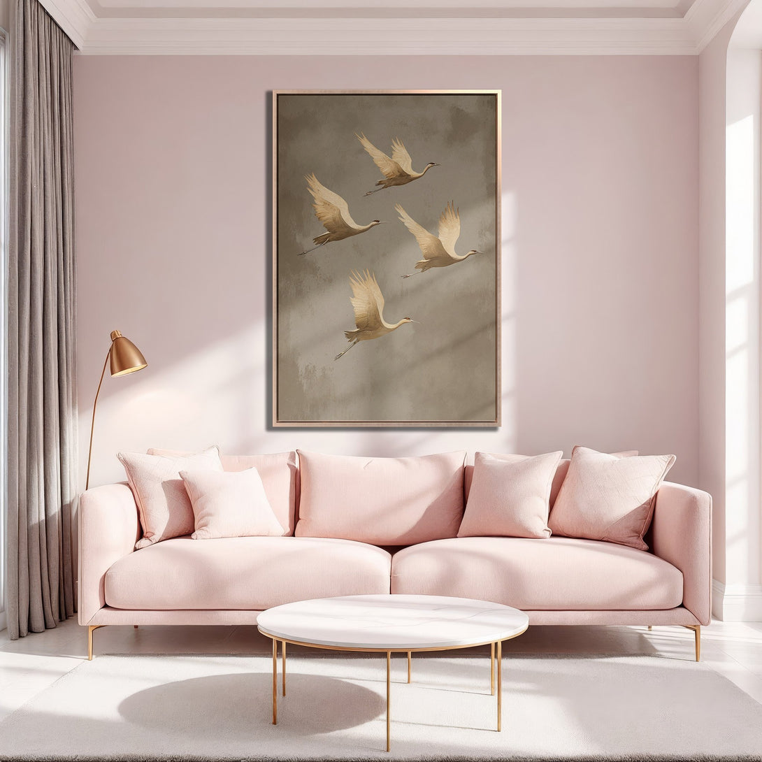 Framed Wall Art featuring elegant birds in flight, neutral tones, perfect for adding a touch of serenity to your home decor. Soft pink palette.