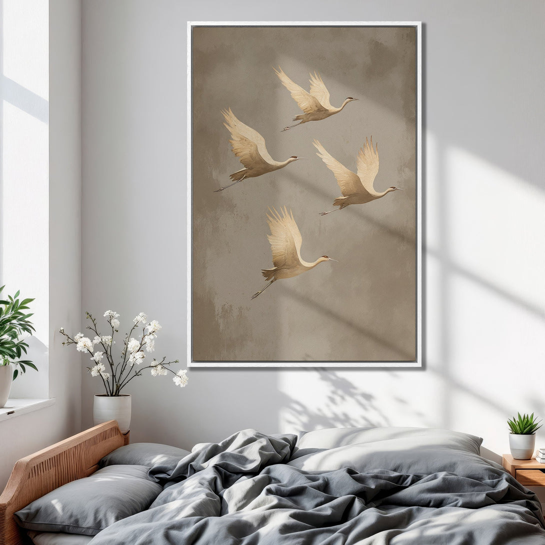 Framed Wall Art featuring elegant cranes in flight. Neutral color palette adds a touch of serenity to any space. Elevate your home decor today!
