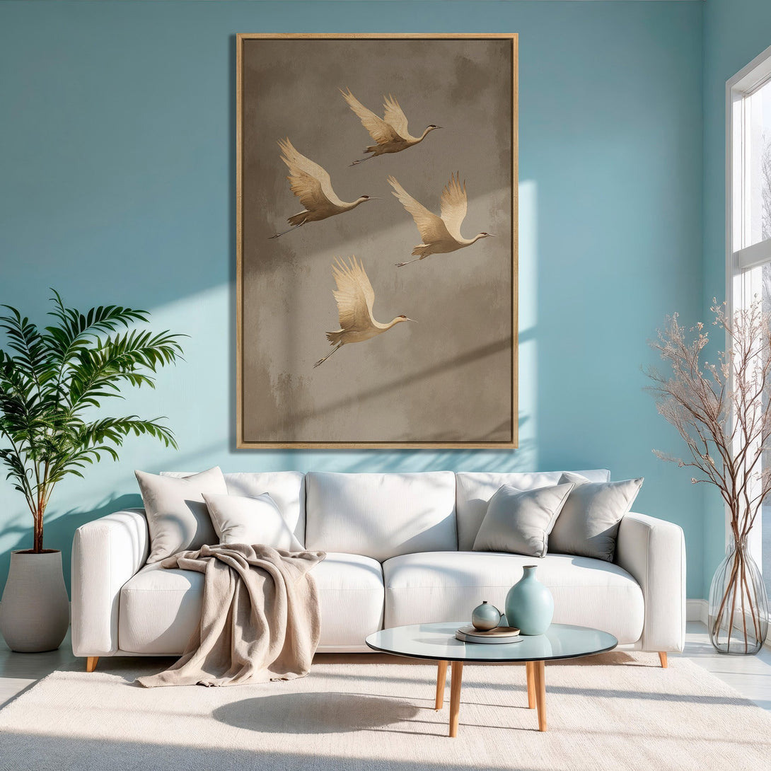 Framed Wall Art featuring elegant cranes in flight. Neutral tones and a calming aesthetic bring a touch of nature to your home decor. Shop now!
