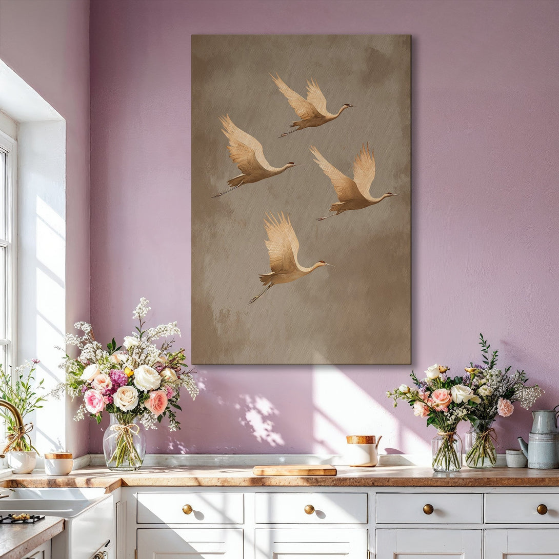 Framed Wall Art featuring elegant cranes in flight. Neutral beige and gold color palette, perfect for modern home decor. Elevate your space with this stunning artwork!
