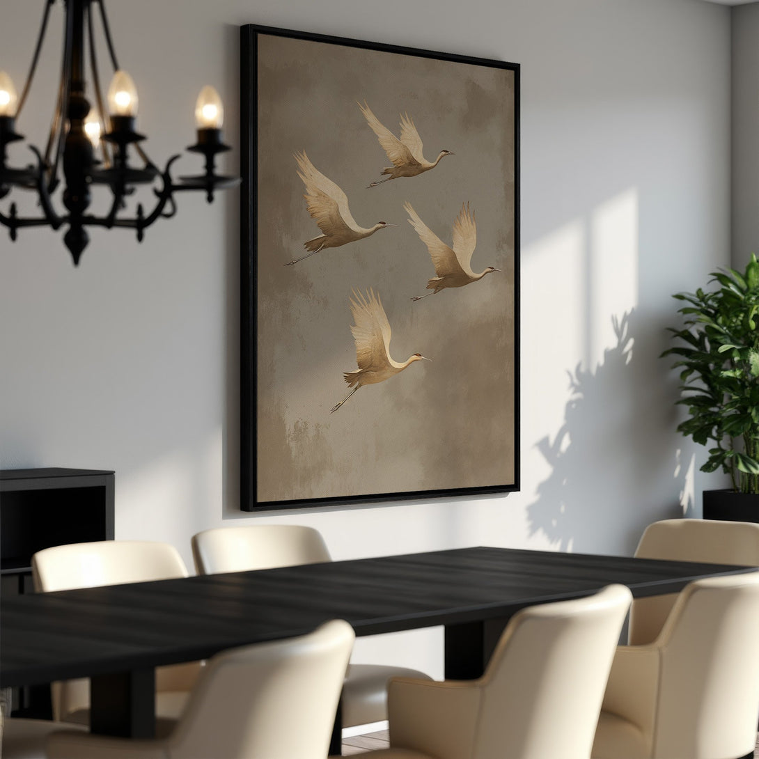 Framed Wall Art featuring elegant cranes in flight, neutral color palette. Perfect for dining room decor. Add a touch of nature to your space!