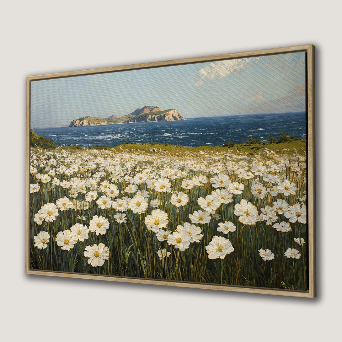 Framed Wall Art: Coastal landscape Canvas Print featuring white flowers, blue sea, and a serene, natural color palette. Perfect for home decor.