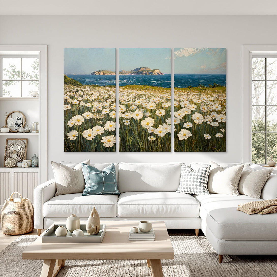 Canvas Print of a coastal landscape with white flowers, blue sea, and sky. Impressionistic style, soft color palette. Perfect wall art for any room.