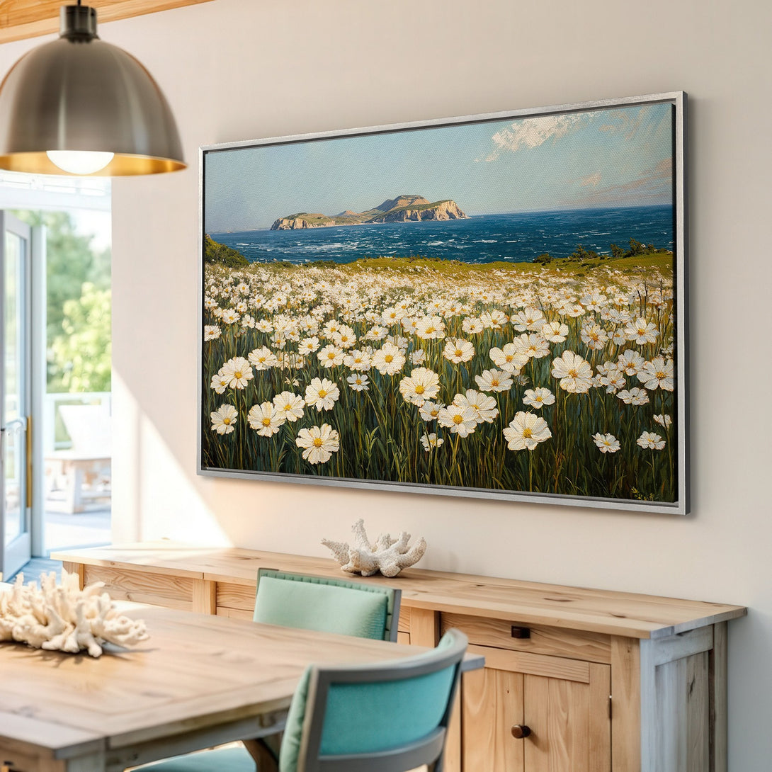 Framed Wall Art: Coastal landscape Canvas Print with white flowers, blue sea, and sky. Adds a touch of nature's beauty to your home.