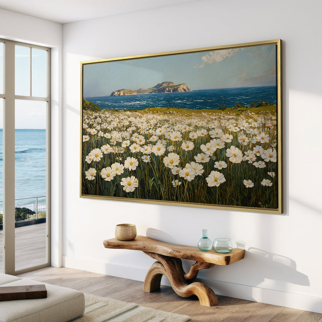 Canvas Print of a coastal landscape with white flowers, in a bright, airy interior. Soft blue, green, and white color palette. Perfect for adding a touch of nature.