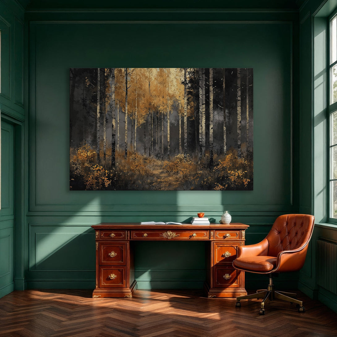 Framed Wall Art featuring a forest scene in a modern style. Earthy tones of gold, black, and gray create a sophisticated ambiance. Enhance your space today!