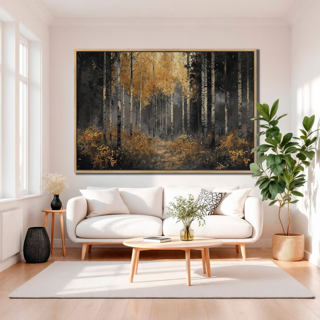 Framed Wall Art featuring a forest scene in gold and black. Modern canvas print adds a touch of nature and elegance to any living room.