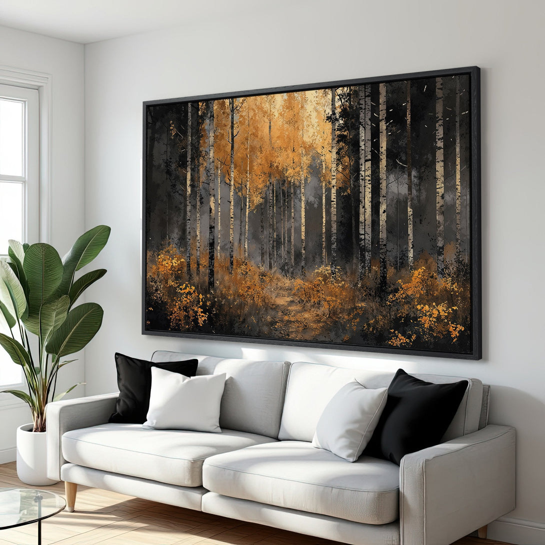 Framed Wall Art: Forest scene in black, gold, and gray tones. Modern abstract landscape Canvas Print adds warmth and style to any room. Shop now!