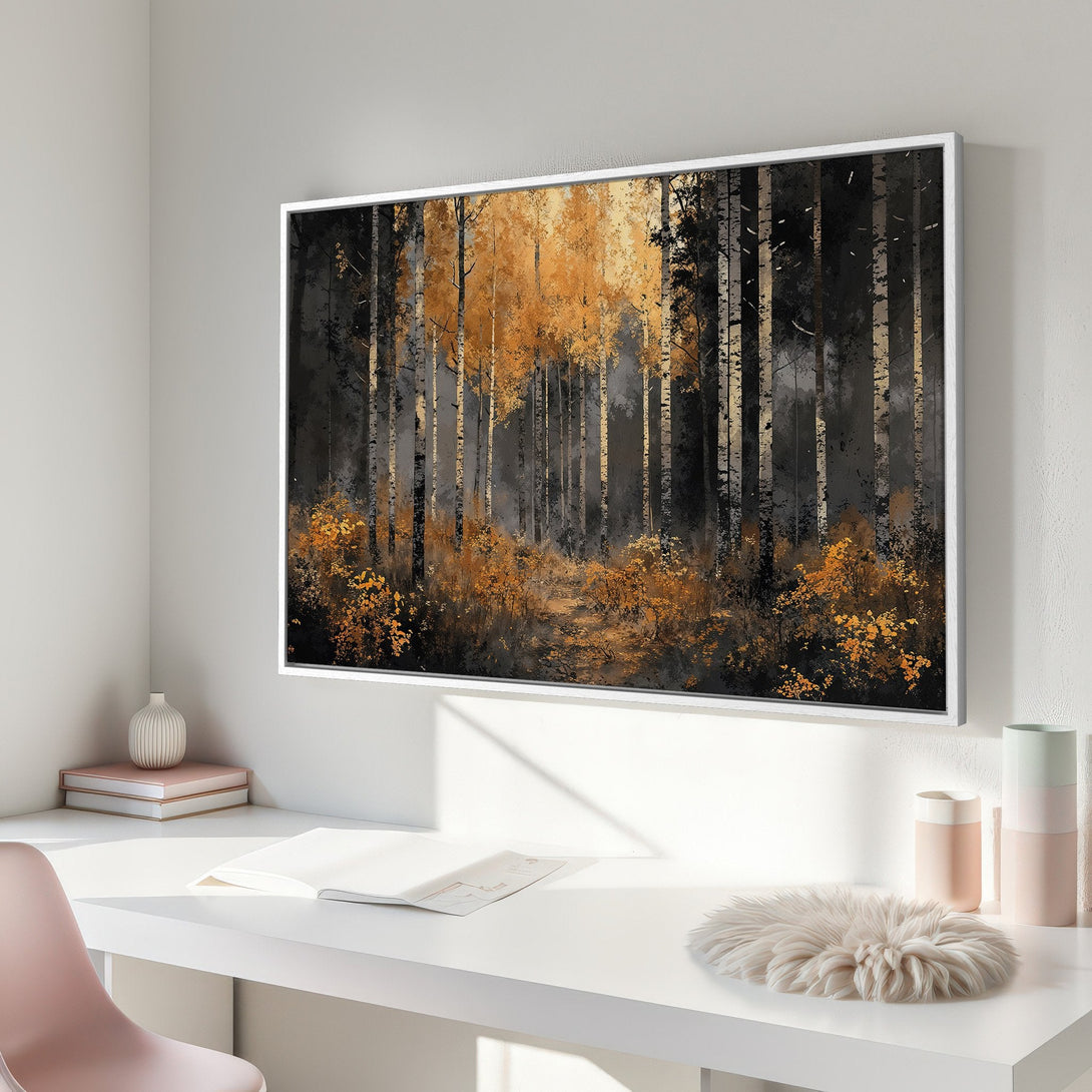 Framed Wall Art: Forest scene with gold and black trees. Abstract style, warm color palette. Perfect for modern interior decor.
