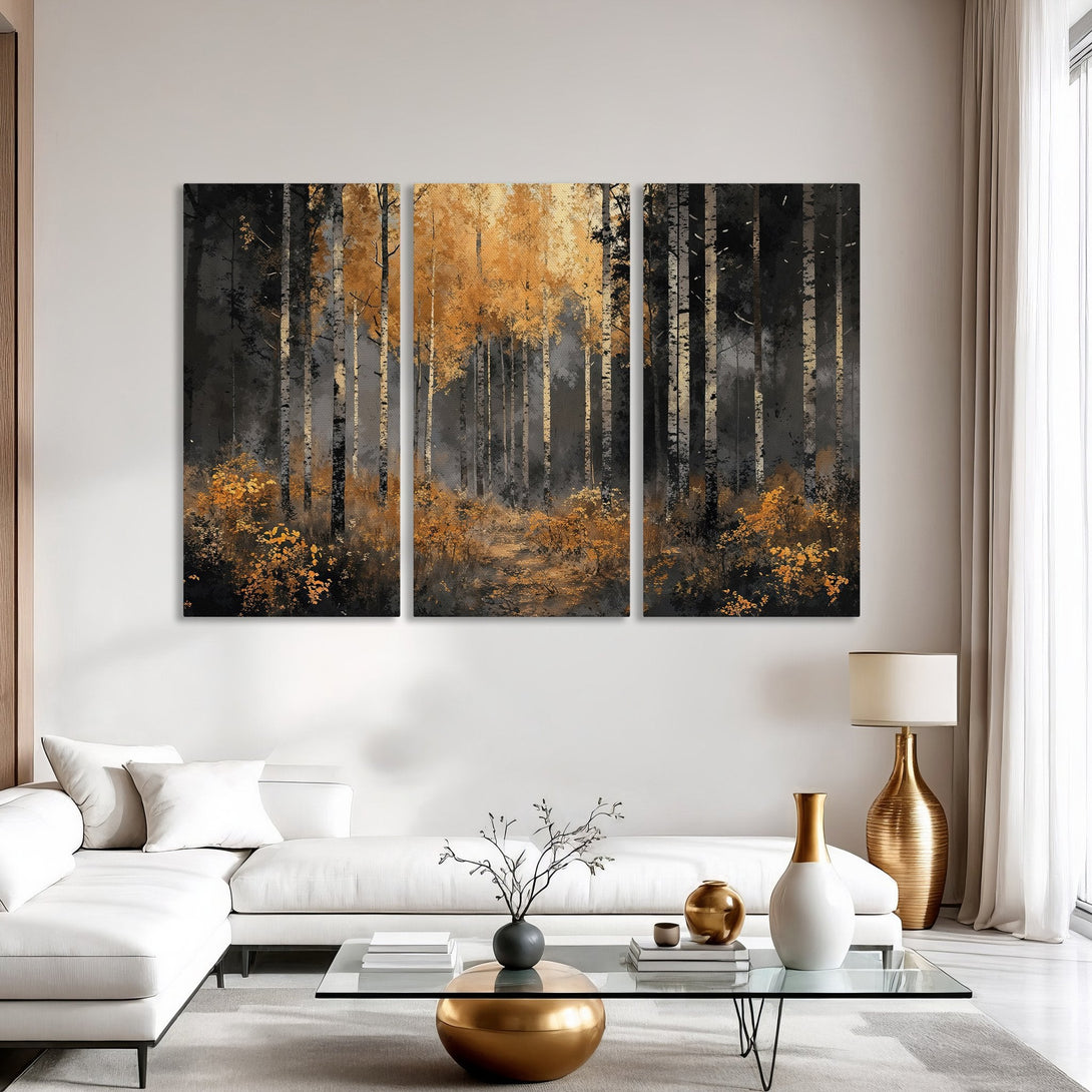 Canvas Print of a serene forest scene in shades of gray, black, and gold. Modern abstract art for your home decor.