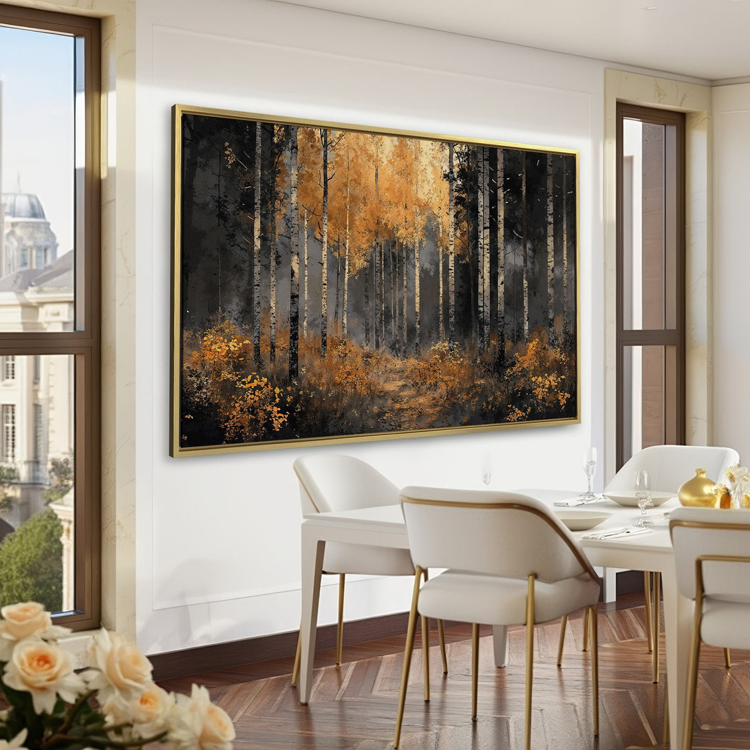Canvas Print of a forest scene in a moody, painterly style with gold and black tones. Perfect for adding elegance to any space.