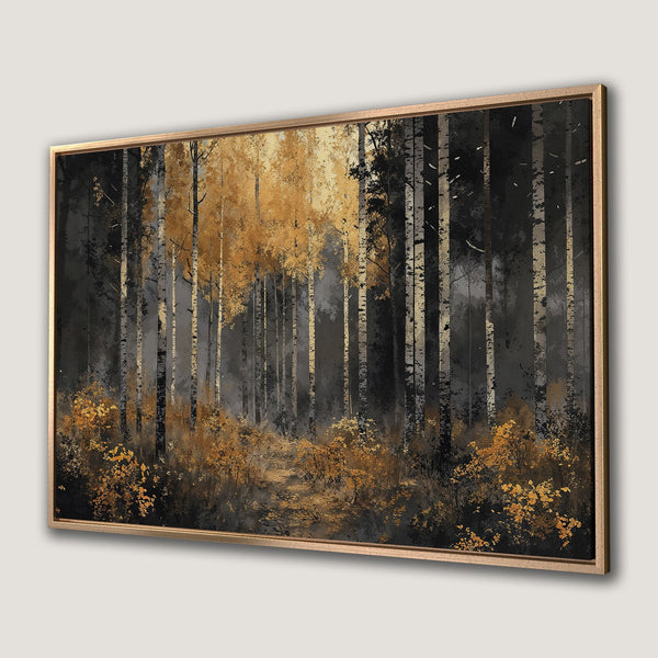 Framed Wall Art featuring a forest scene with birch trees in a moody, painterly style. Warm gold and dark gray color palette. Perfect for your home!