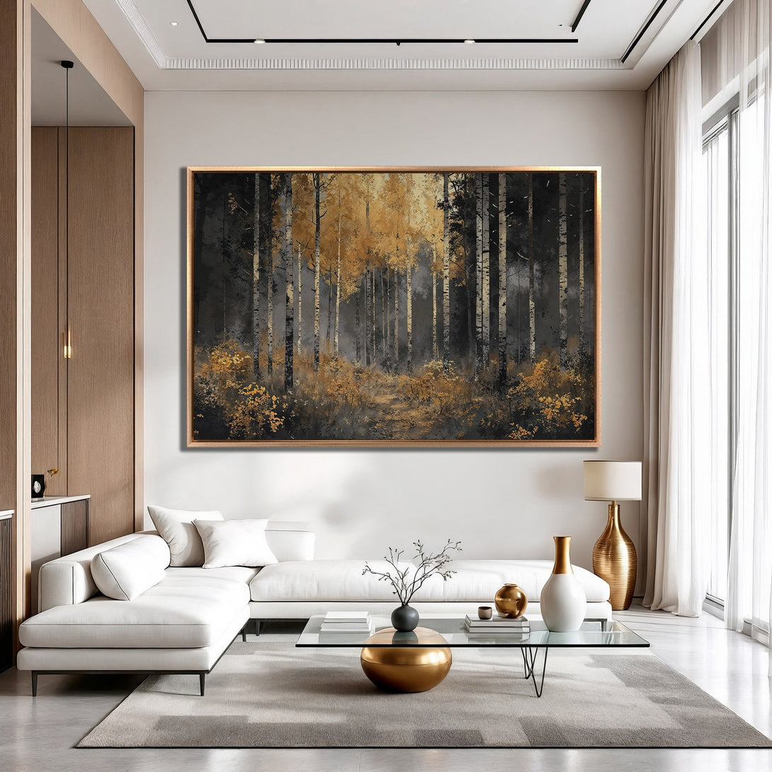 Framed Wall Art: Forest scene in black & gold. Modern, abstract style canvas print. Enhance your living room with this elegant artwork.