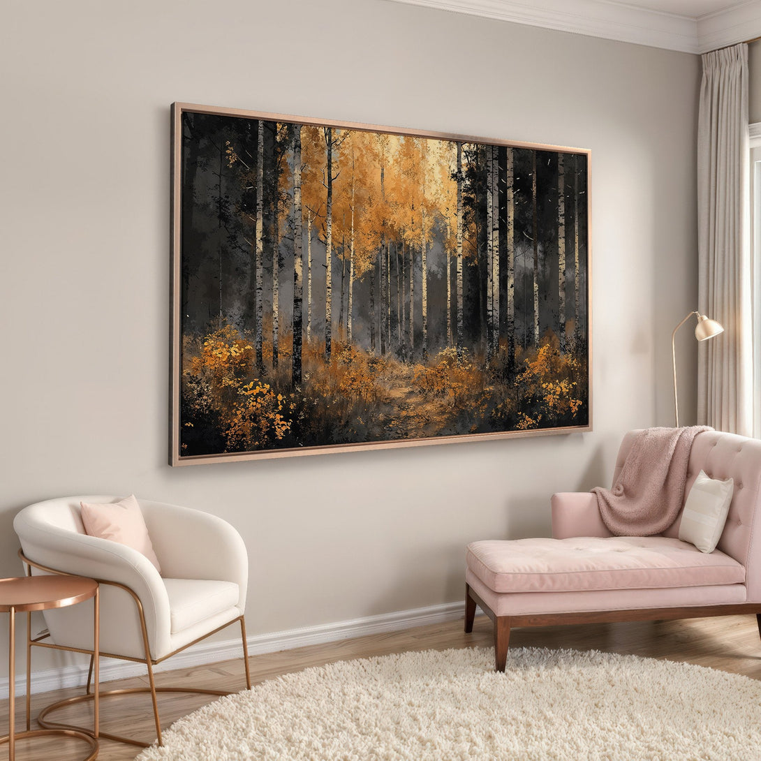 Framed Wall Art: Forest scene Canvas Print in gold and black. Modern art with a warm, inviting color palette, perfect for living room decor.