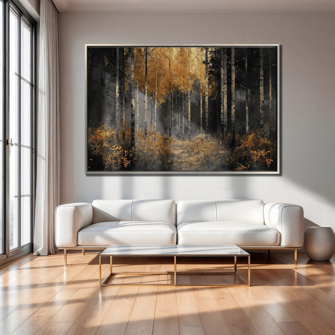 Framed Wall Art: Abstract forest scene in gold and black. Modern Canvas Print adds warmth and style to any living room.