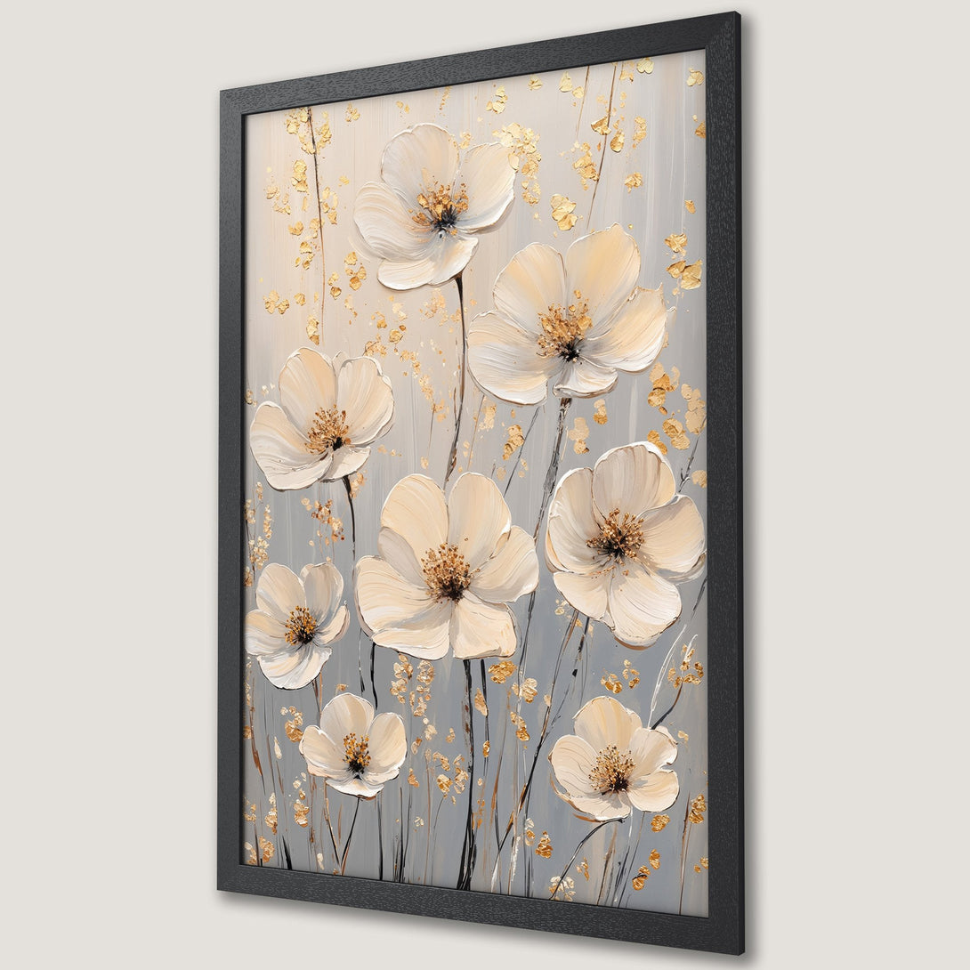 Framed Poster featuring elegant white floral art with gold accents on a grey background. Perfect for adding a touch of sophistication.
