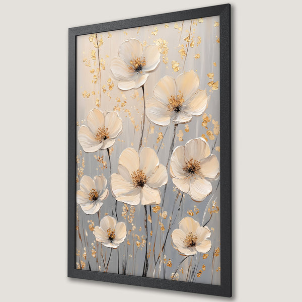 Framed Poster featuring elegant white floral art with gold accents on a grey background. Perfect for adding a touch of sophistication.