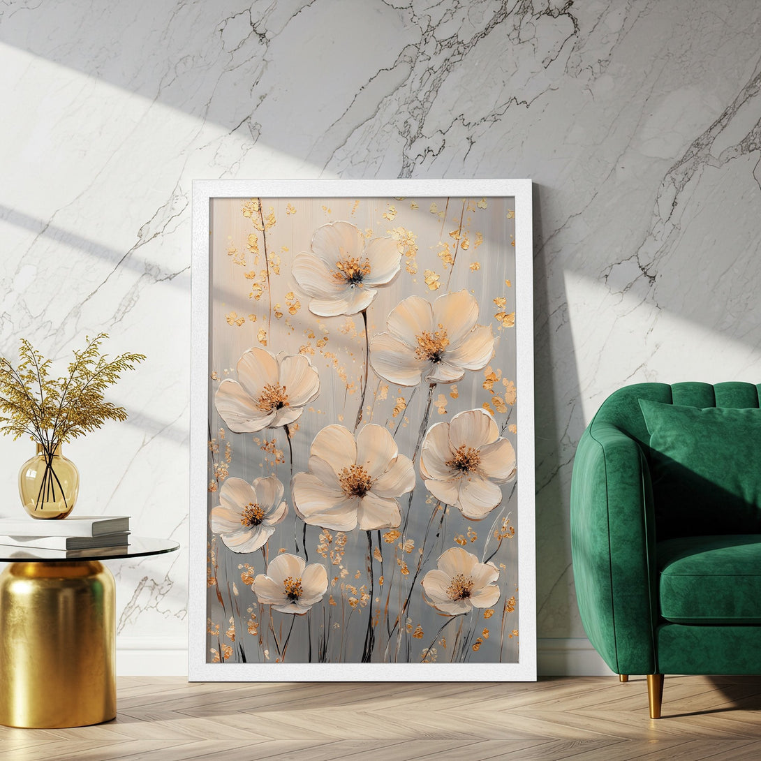Framed Poster featuring elegant floral art in neutral tones. Modern style, perfect for home decor. Shop this beautiful poster today!