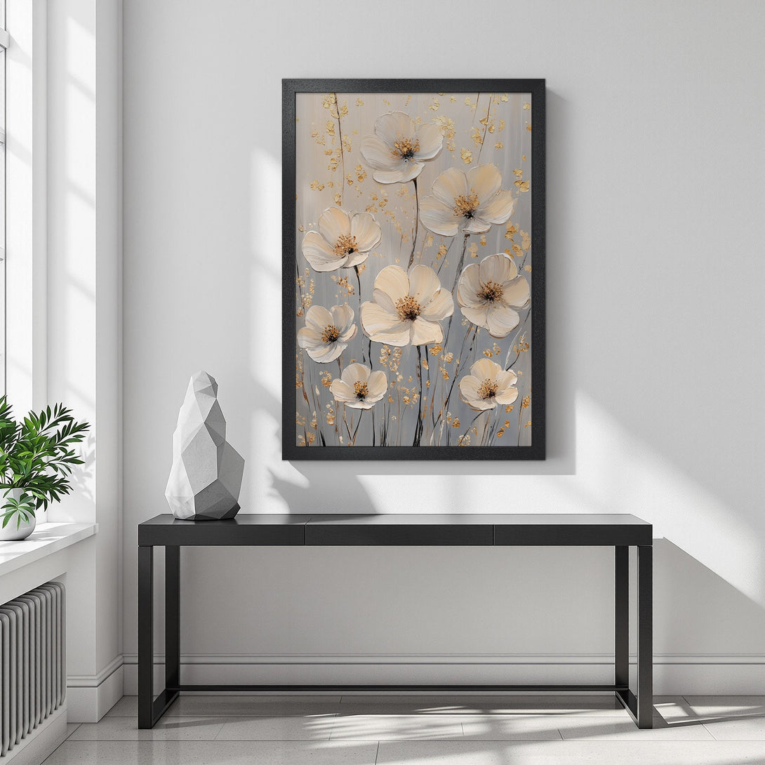 Framed Poster featuring elegant white floral art with gold accents on a gray background. Perfect for modern home decor!