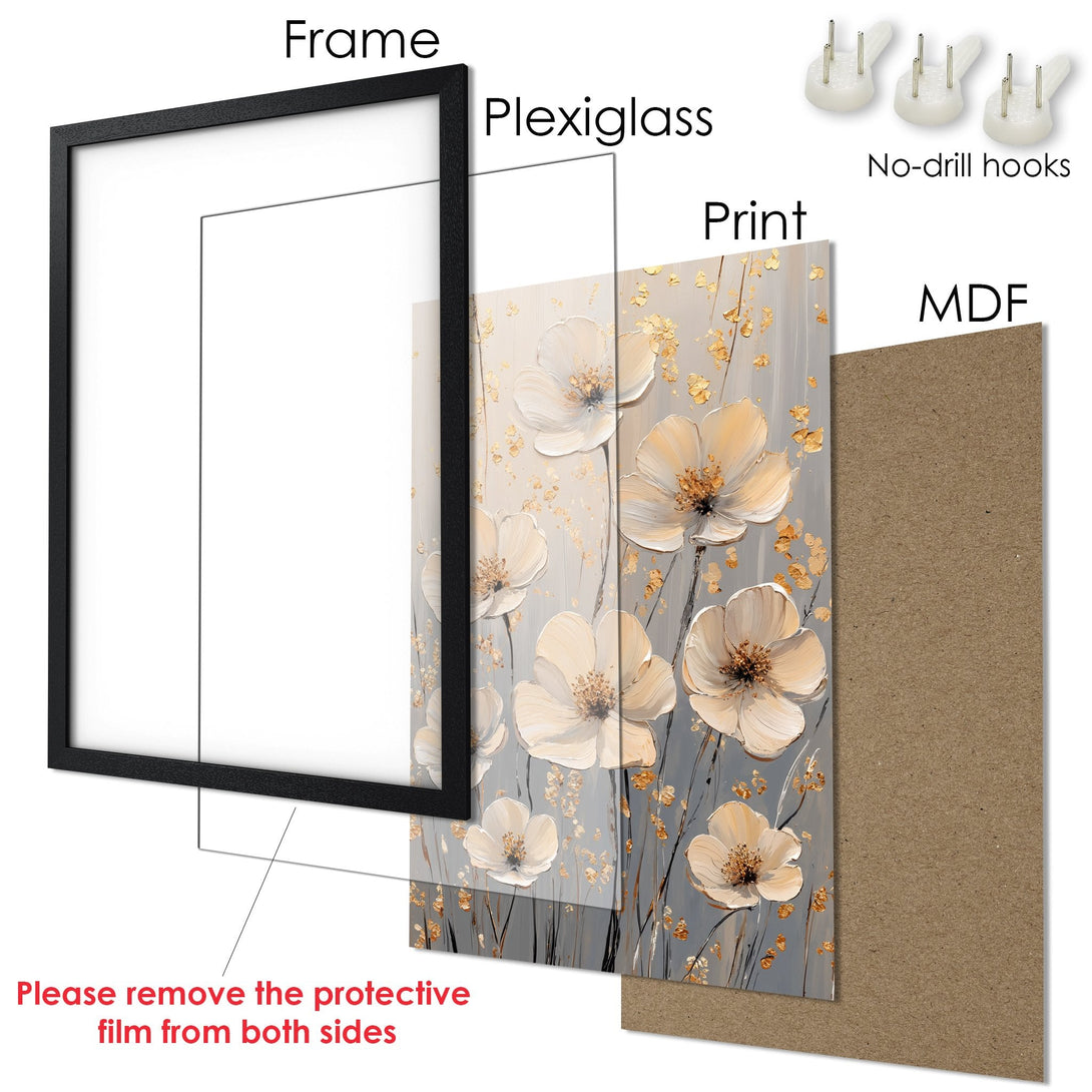 Framed Poster featuring elegant floral art in a neutral gray and gold palette. Perfect wall decor for a modern touch.