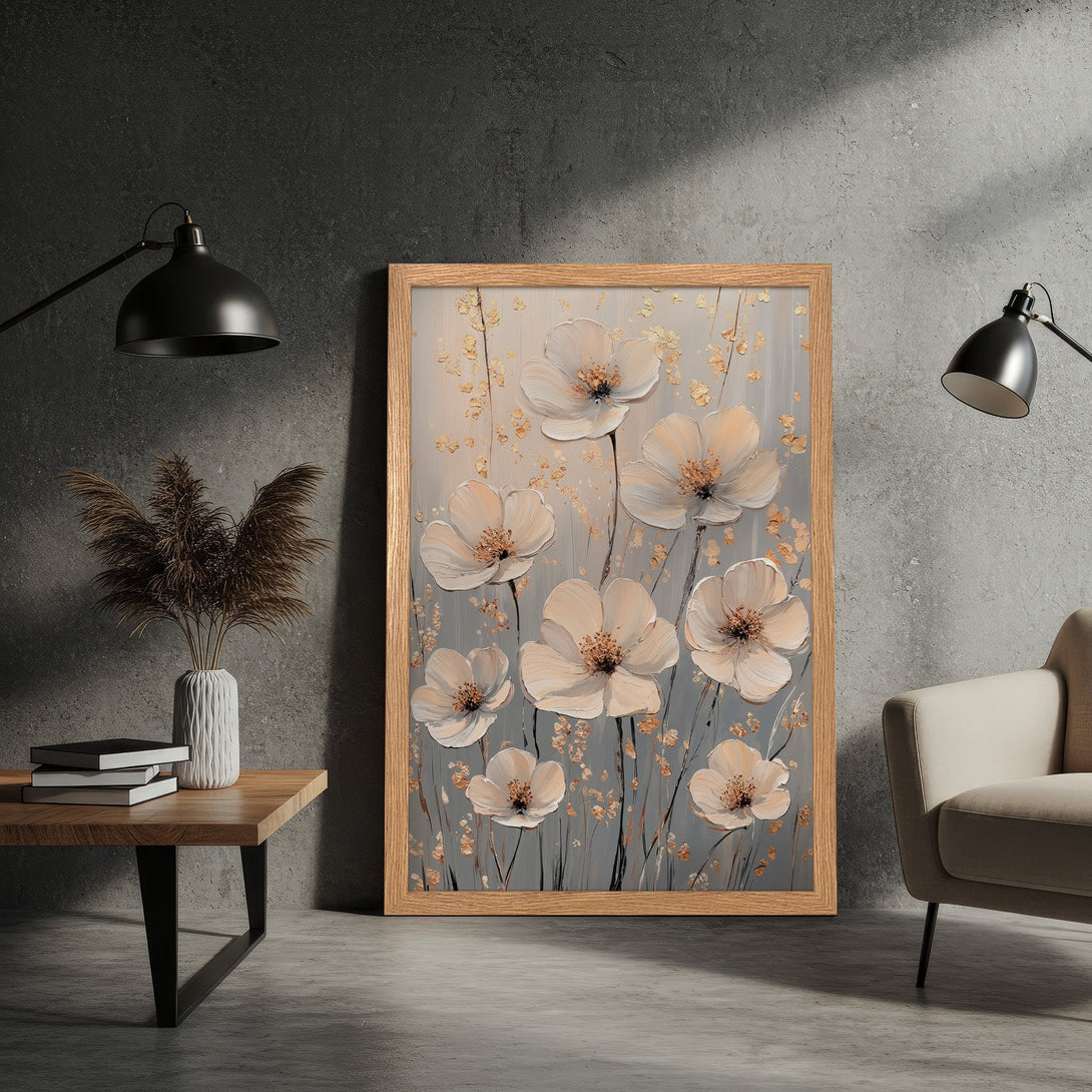 Framed Poster featuring elegant floral art in a neutral color palette. Perfect wall decor for a modern home.
