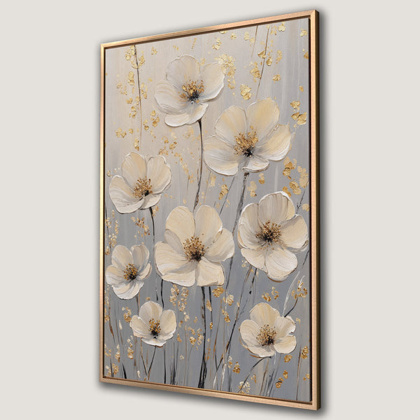 Framed Wall Art featuring elegant white flower painting with gold accents on a gray background. Modern floral canvas print for home decor.
