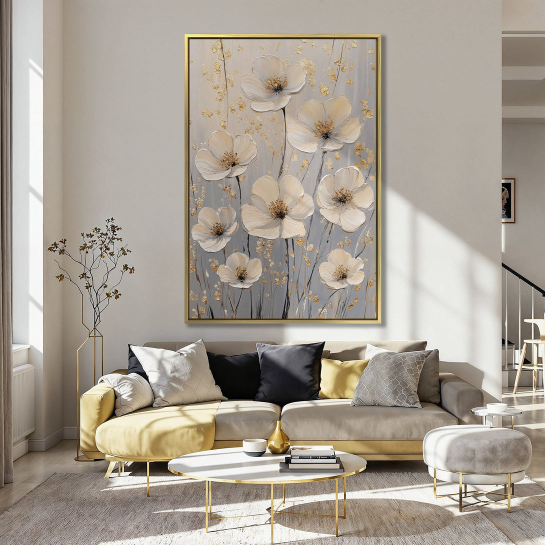 Canvas Print of elegant white floral art in a kitchen. Neutral gray background with gold accents. Soft, inviting color palette.